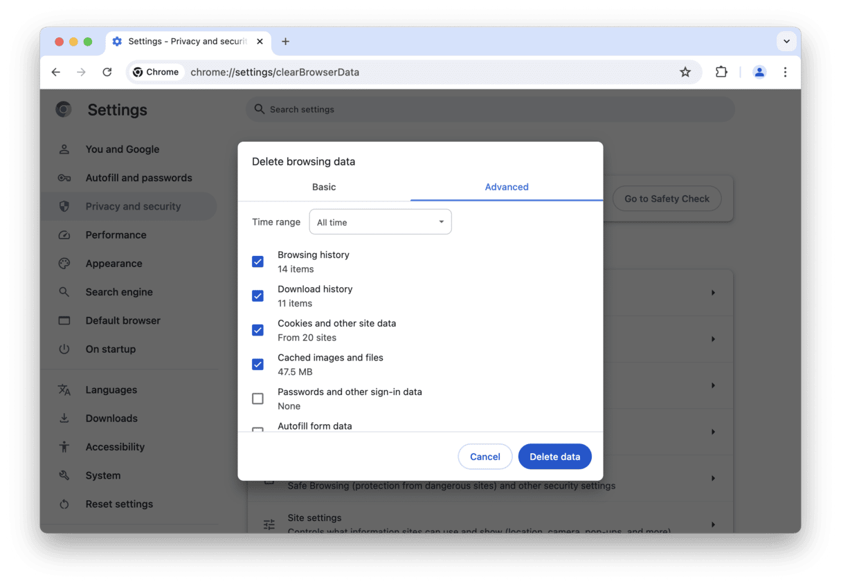 Erase browsing data in Chrome