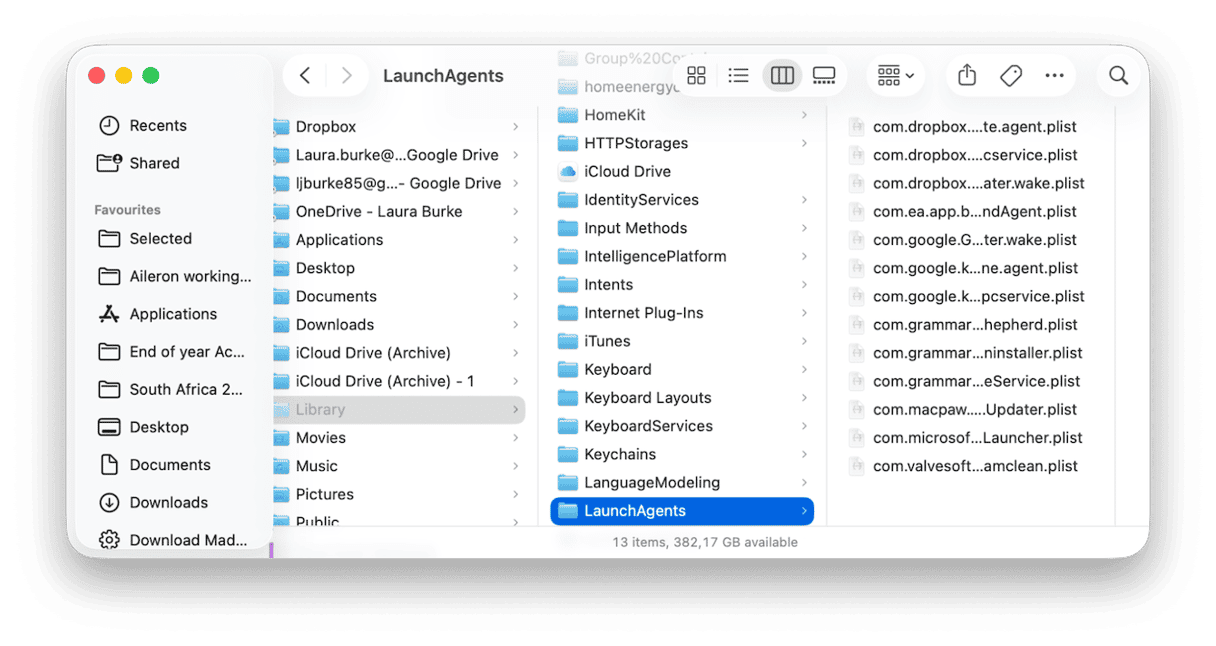 macOS Finder Library LaunchAgents folder showing 13 plist files from apps including Dropbox, Google, Grammarly, and Microsoft left behind as AI tool startup agents on Mac