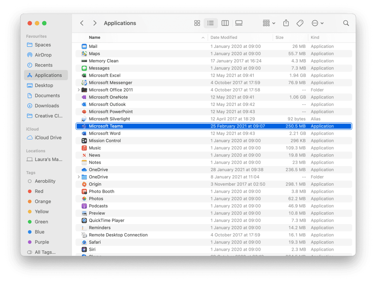 Microsoft teams in Applications list