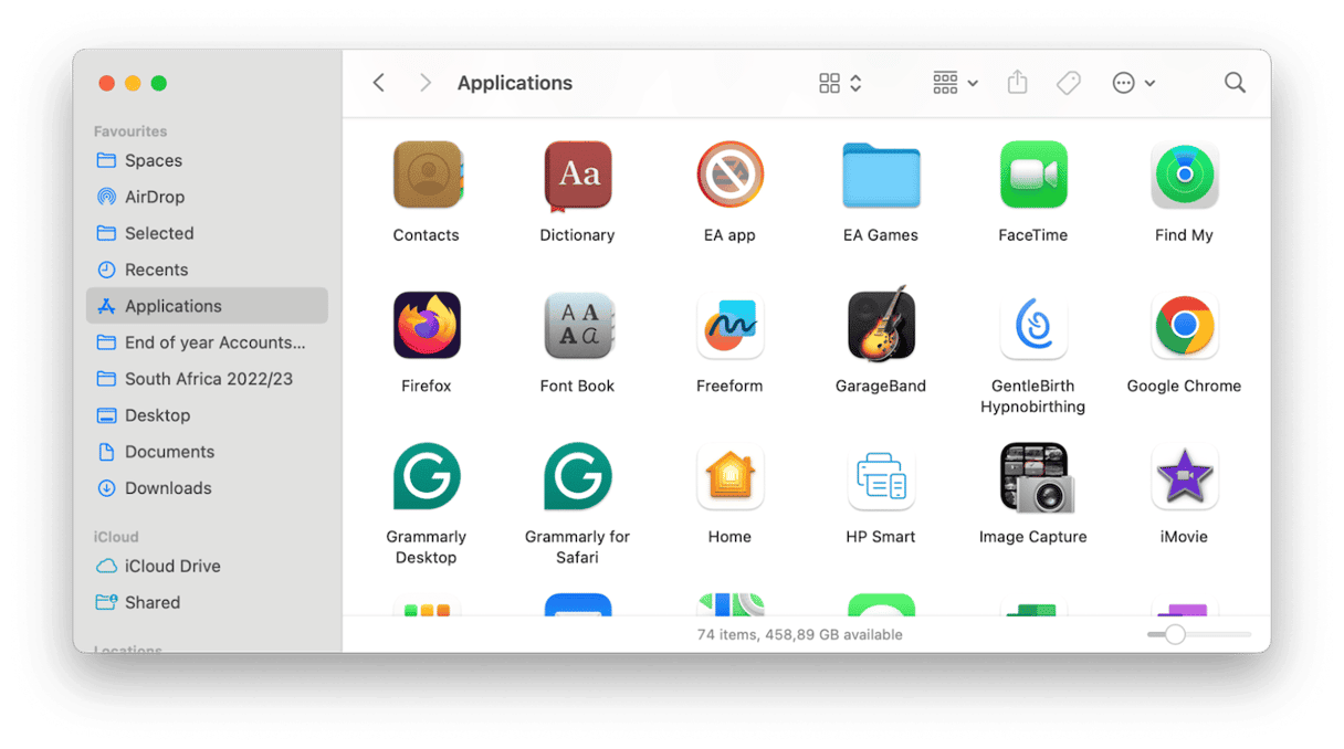 Applications folder on Mac