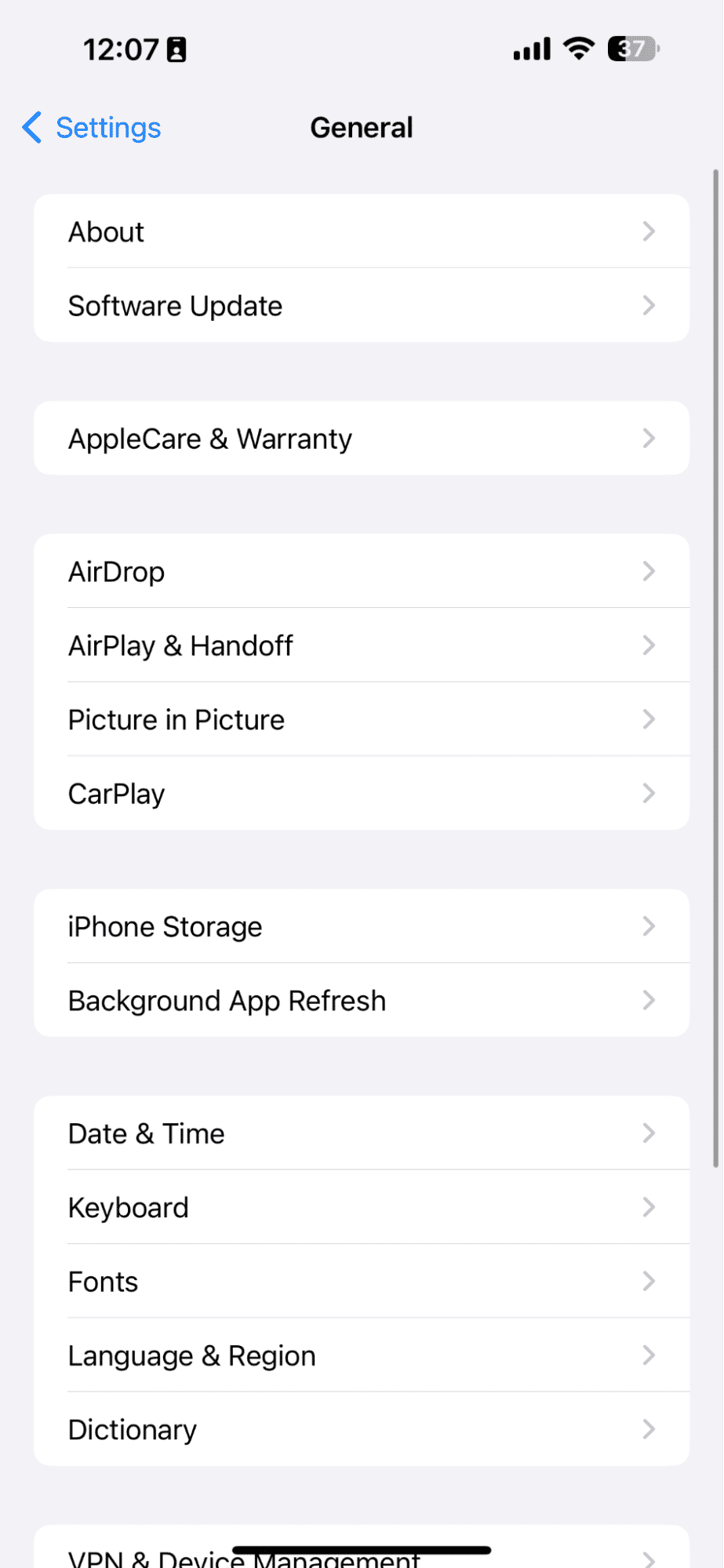 General settings on iPhone