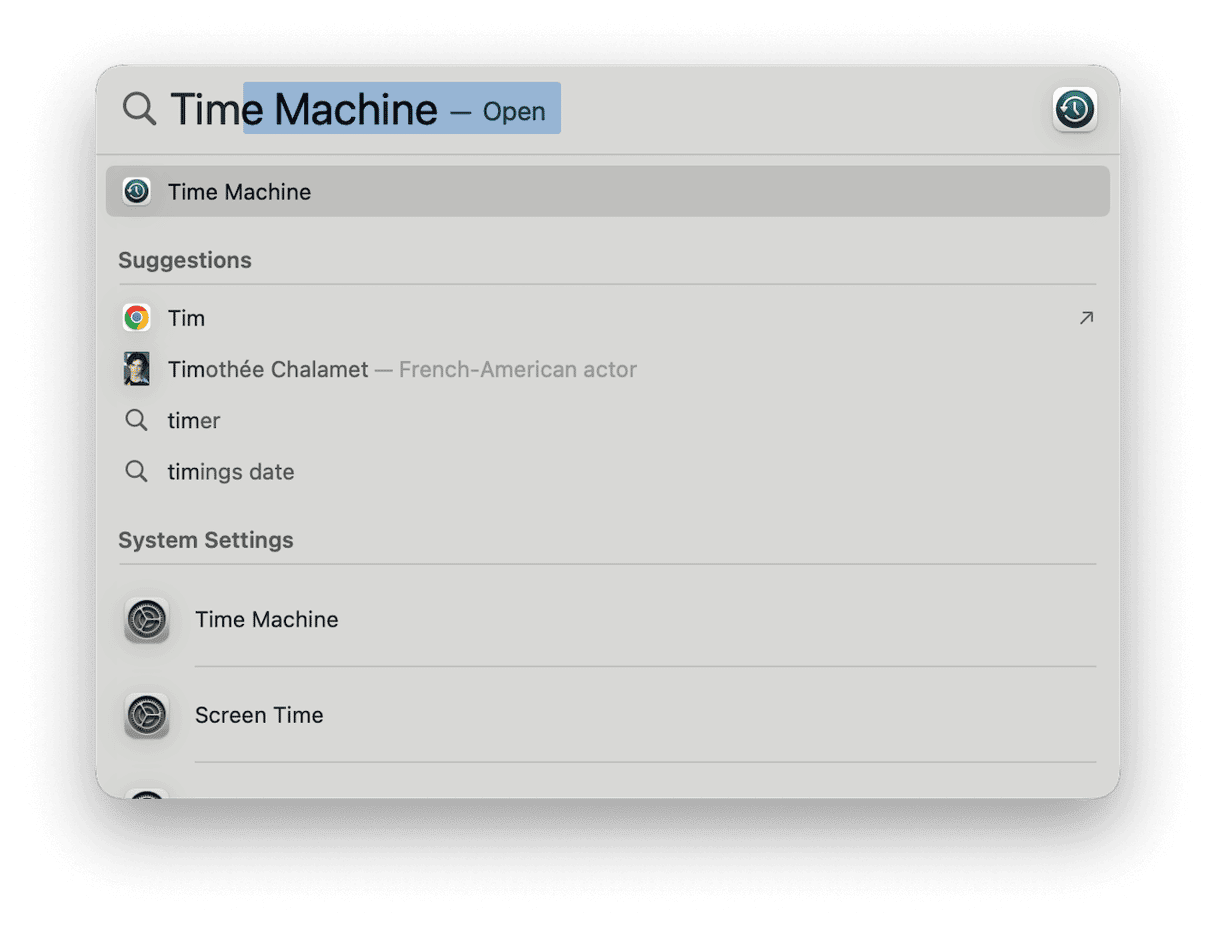 Open Time Machine from a Spotlight search