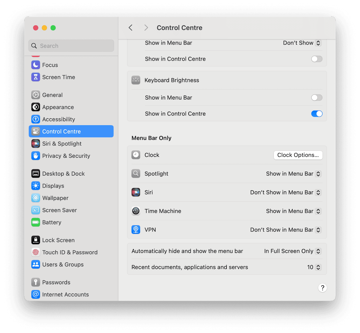 System Settings &ndash; Control Center