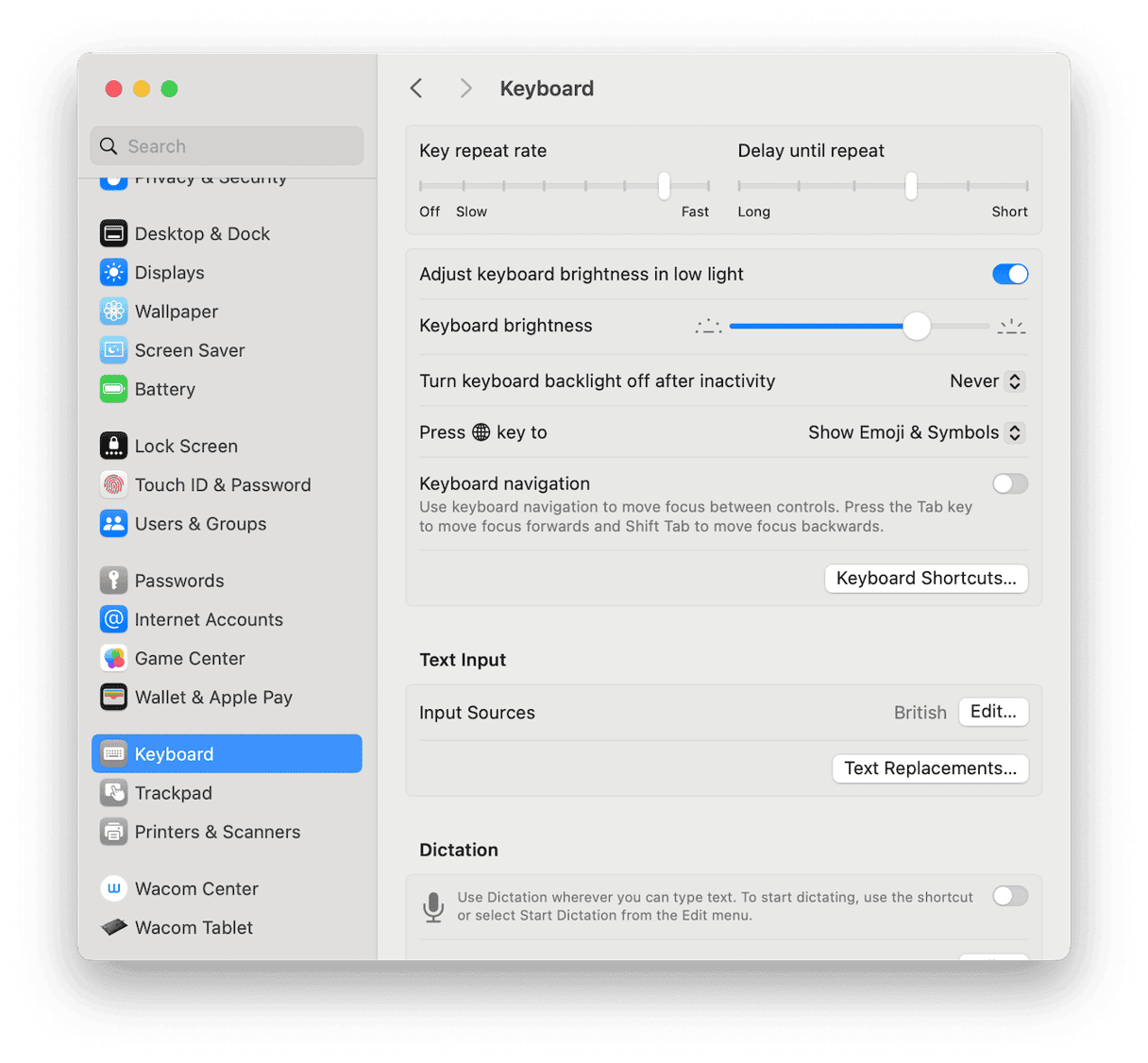 Keyboard settings on Mac