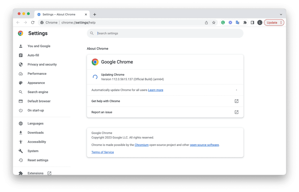 Chrome Settings &ndash; updates