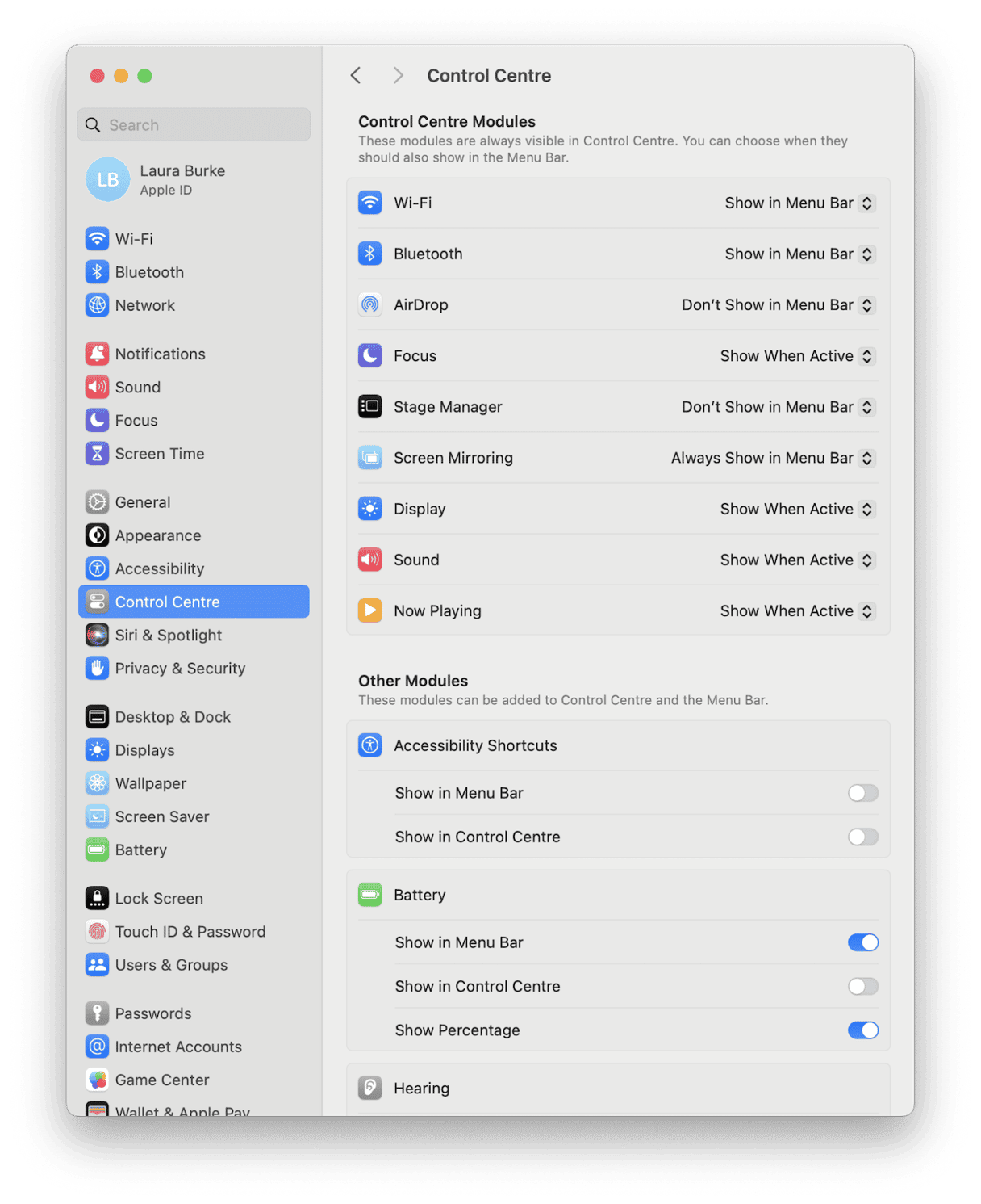 Control Centre on Mac
