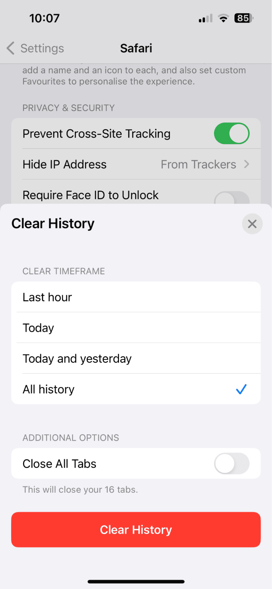 Clear History and Website Data