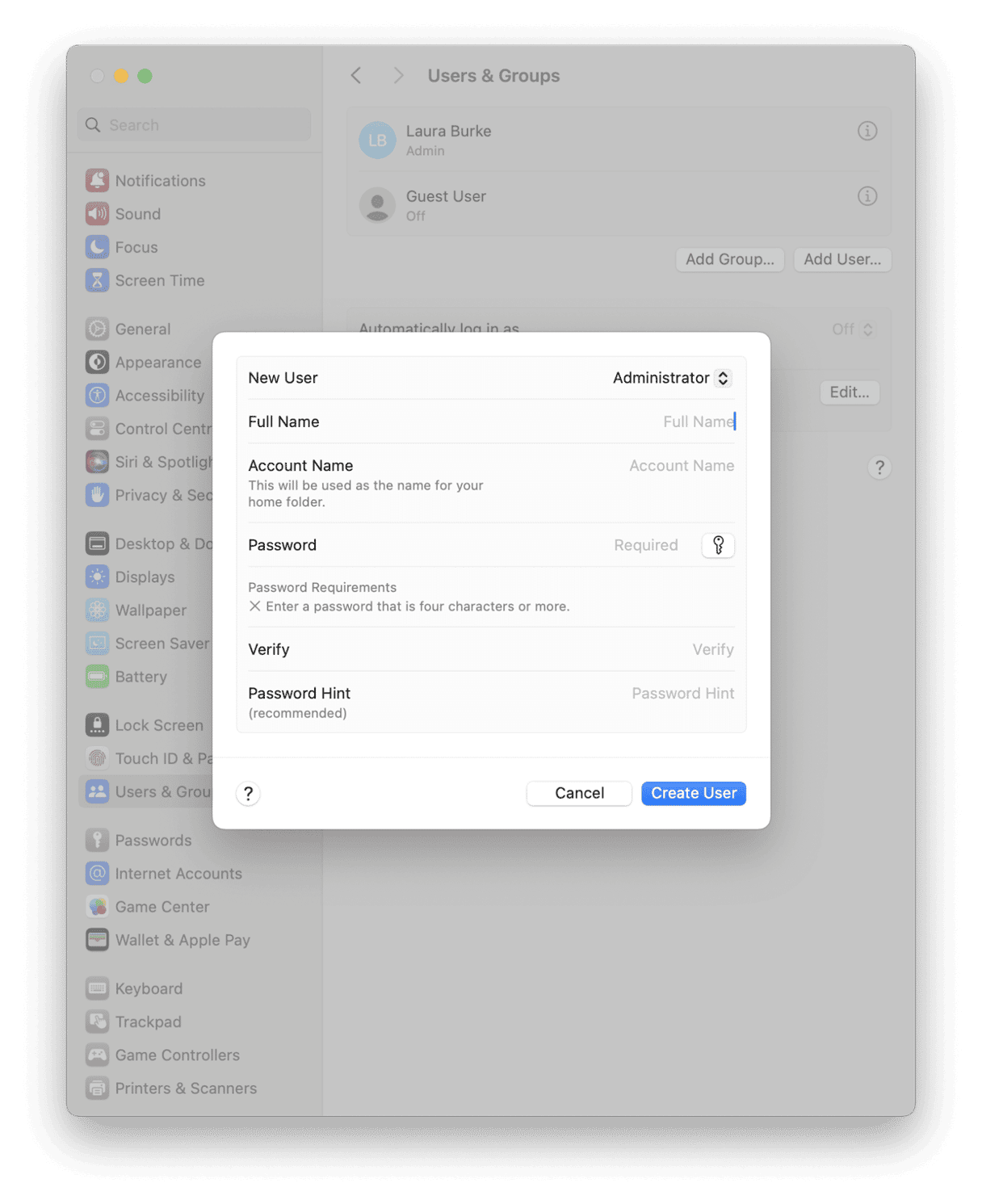 Setting up a new user account