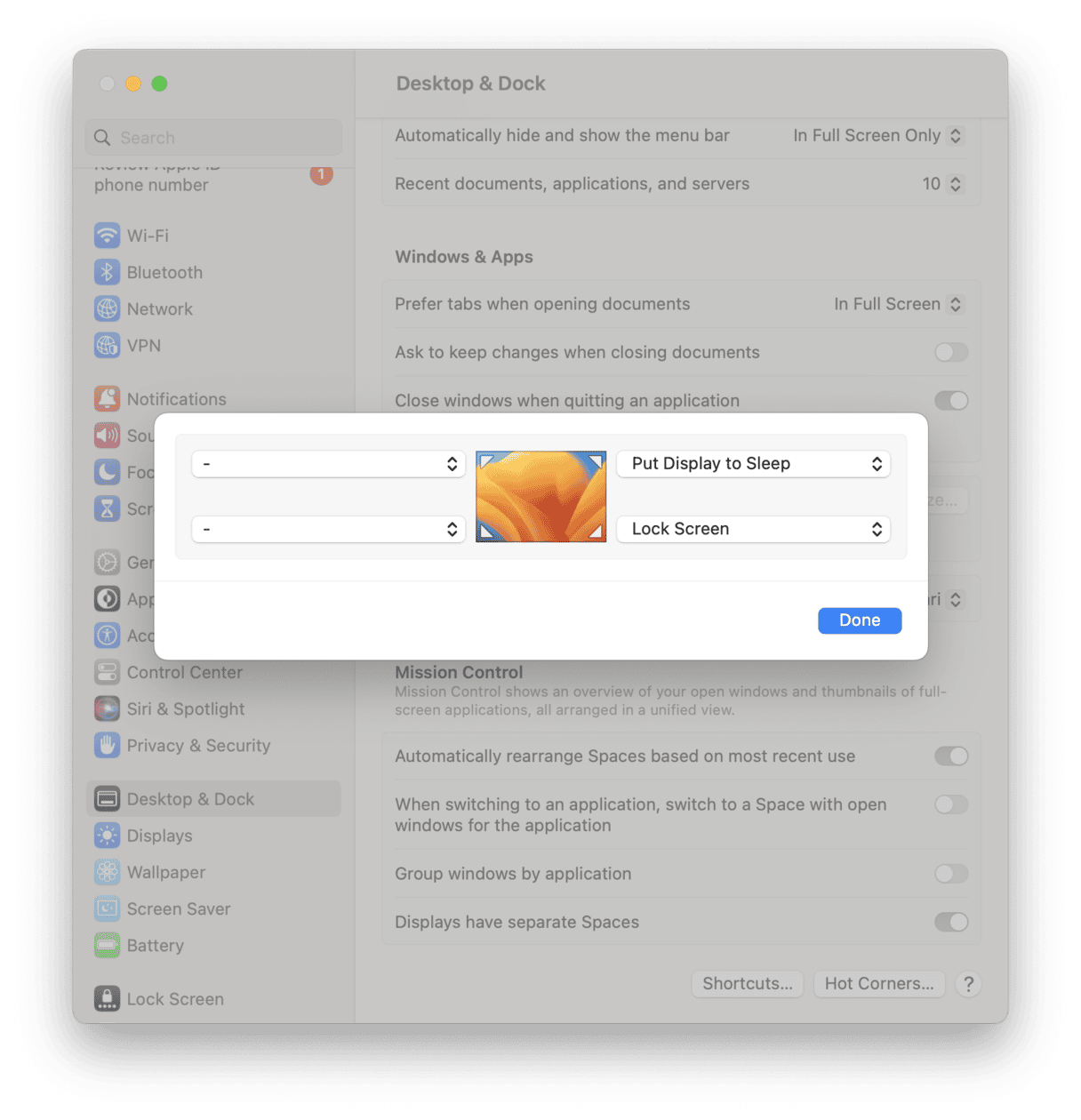 Setting up hot corners
