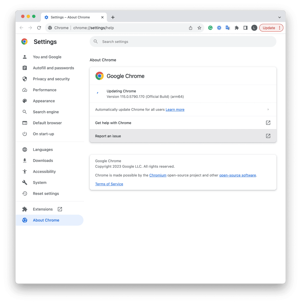 Chrome menu &ndash; About Google Chrome