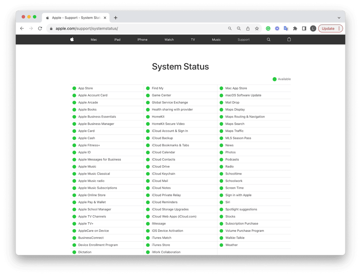 Apple System Status page