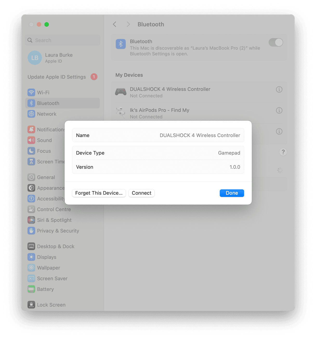 Bluetooth settings on Mac