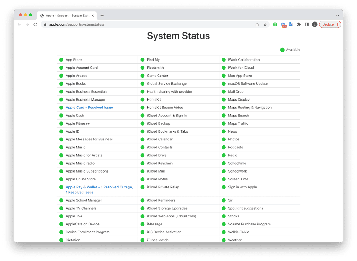 Apple System Status page