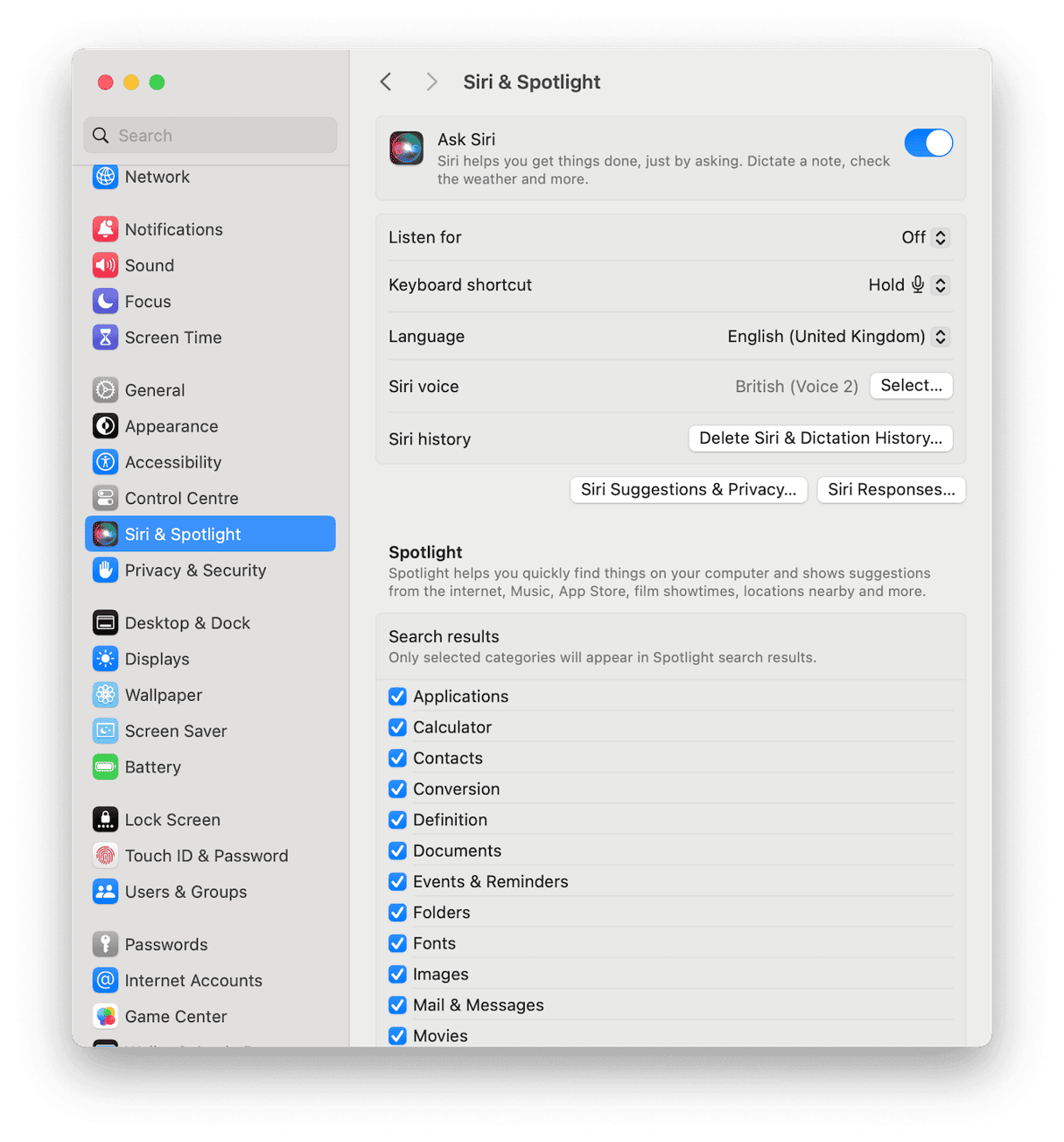 System Settings &ndash; Siri & Spotlight