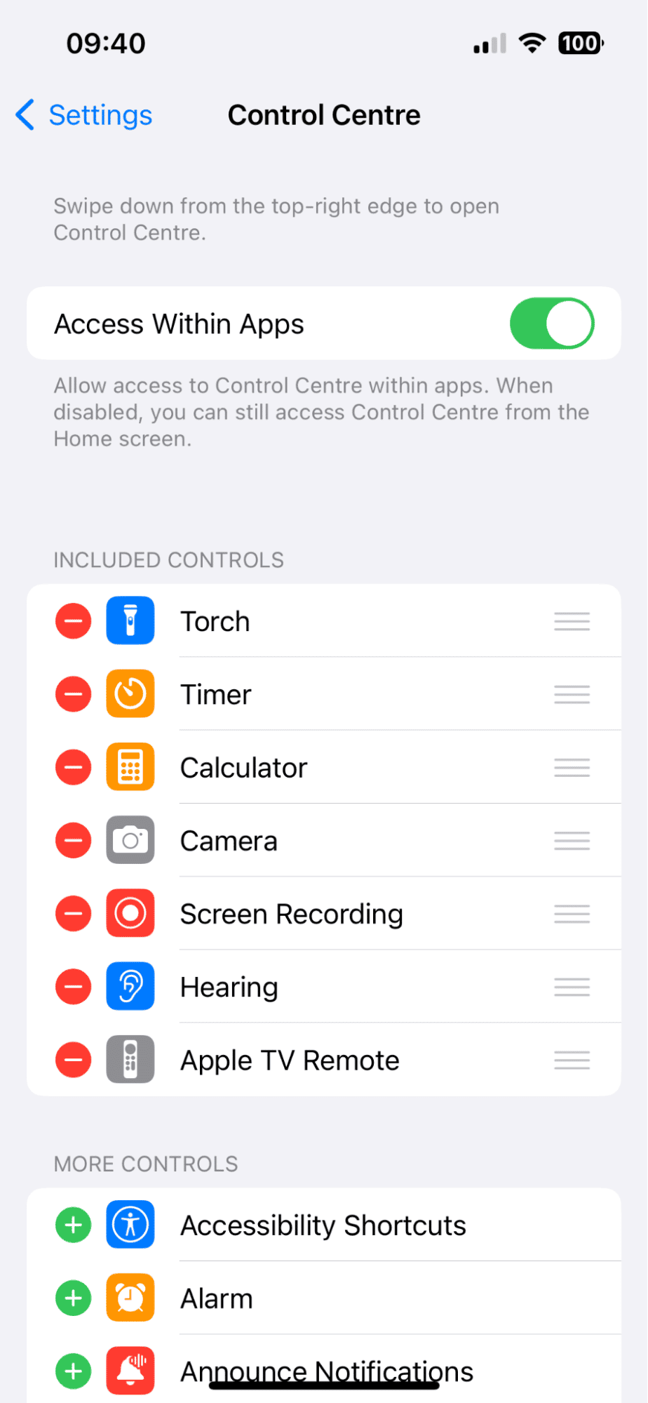 Control Centre Settings on iPhone