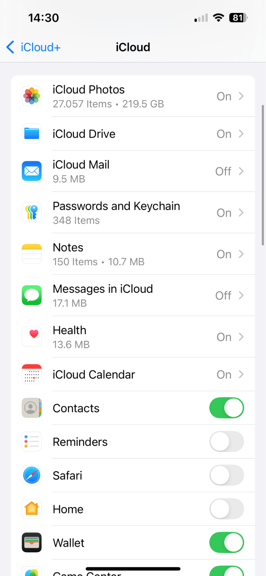 iCloud settings on iPhone