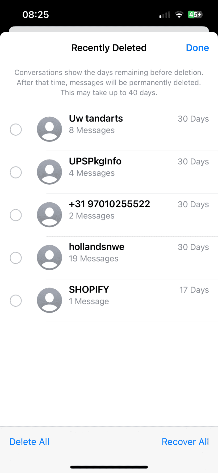Recently deleted messages on iPhone