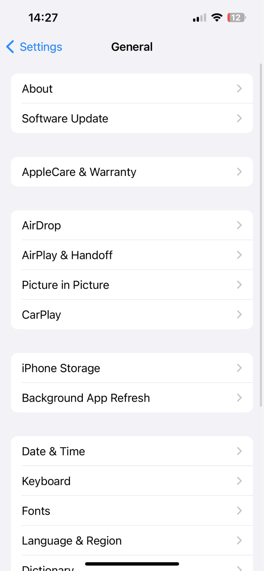 General settings on iPhone