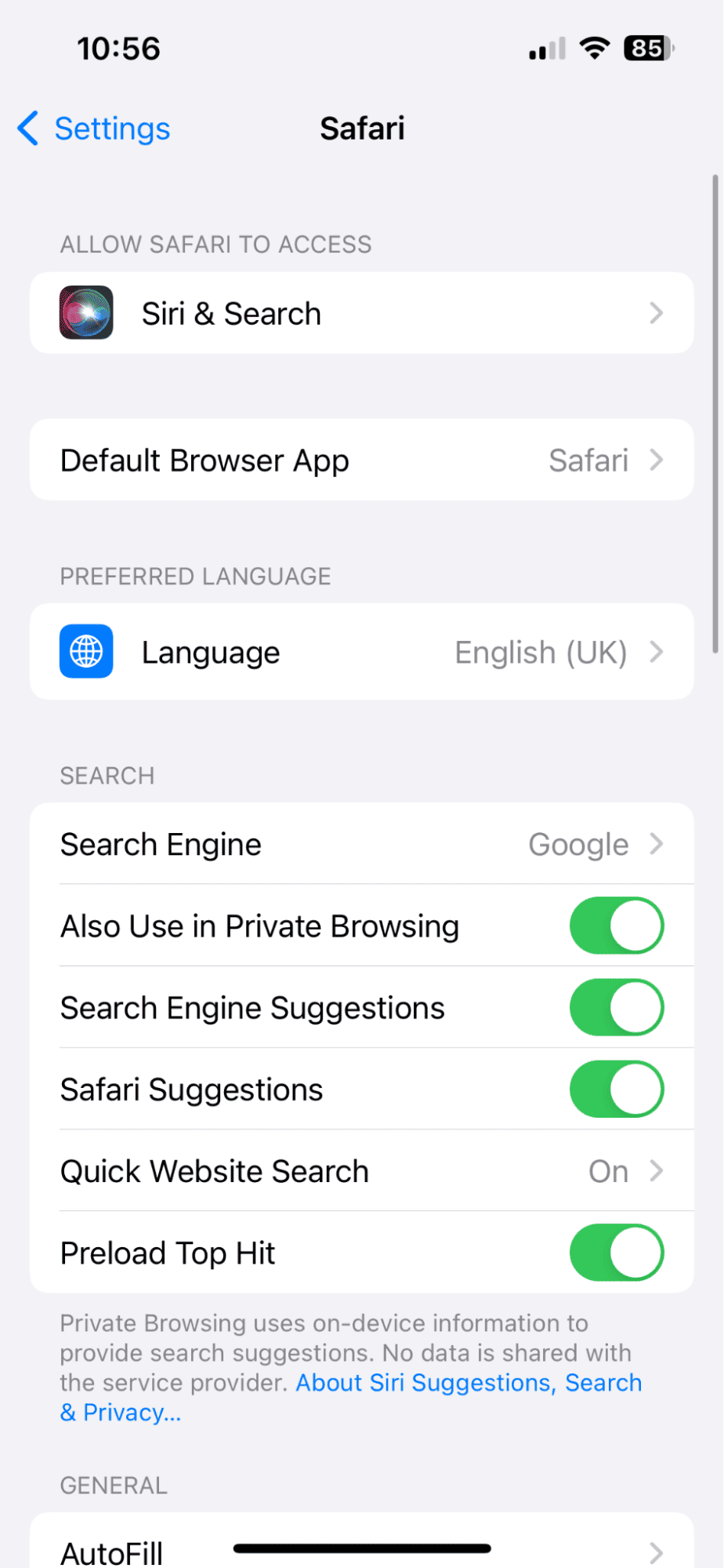 Safari settings on iPhone