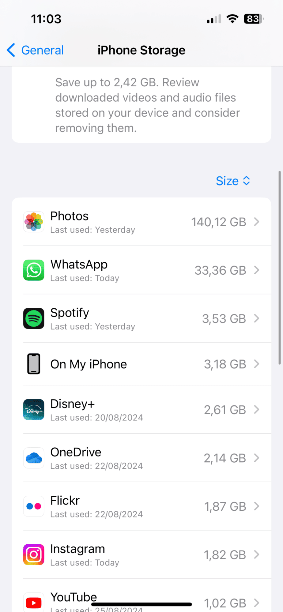Settings &ndash; iPhone storage