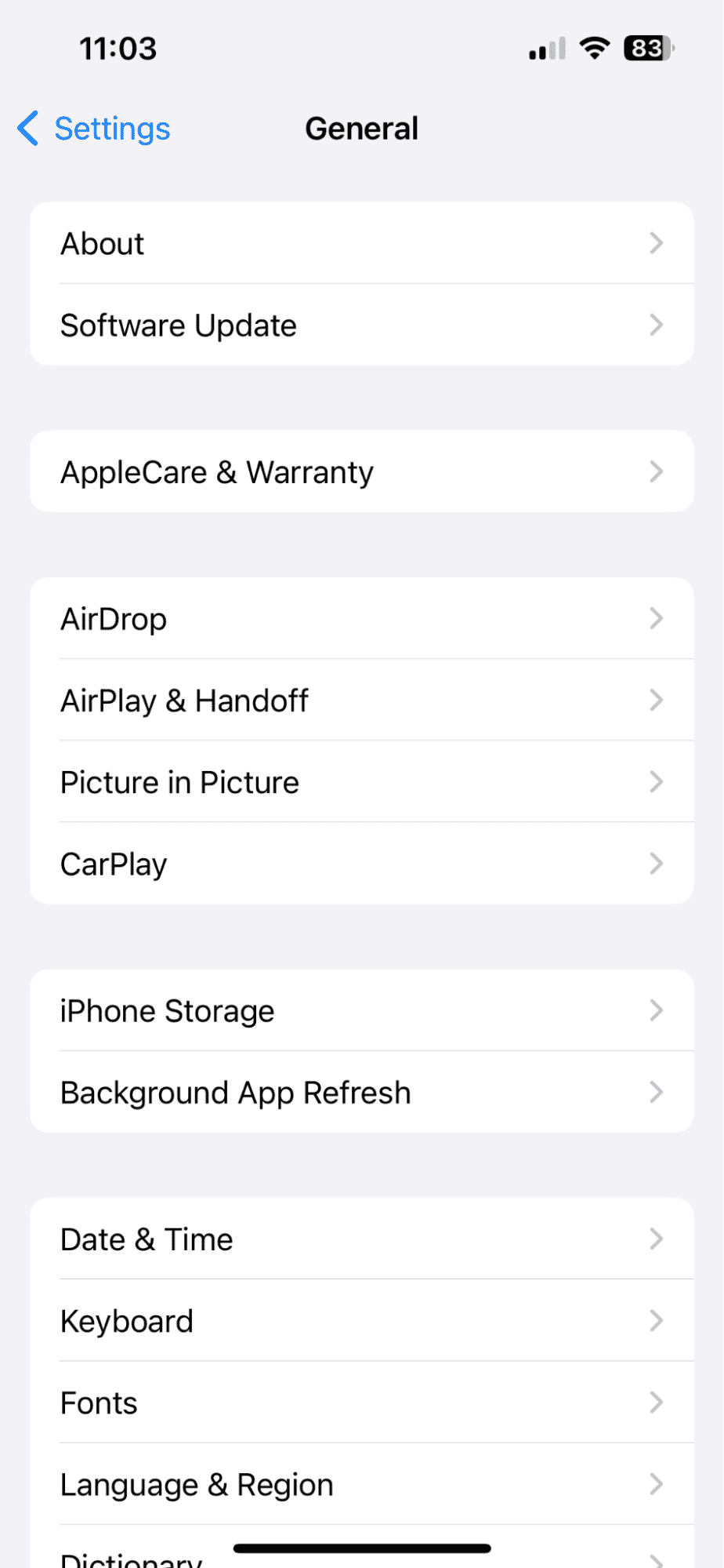 General settings on iPhone