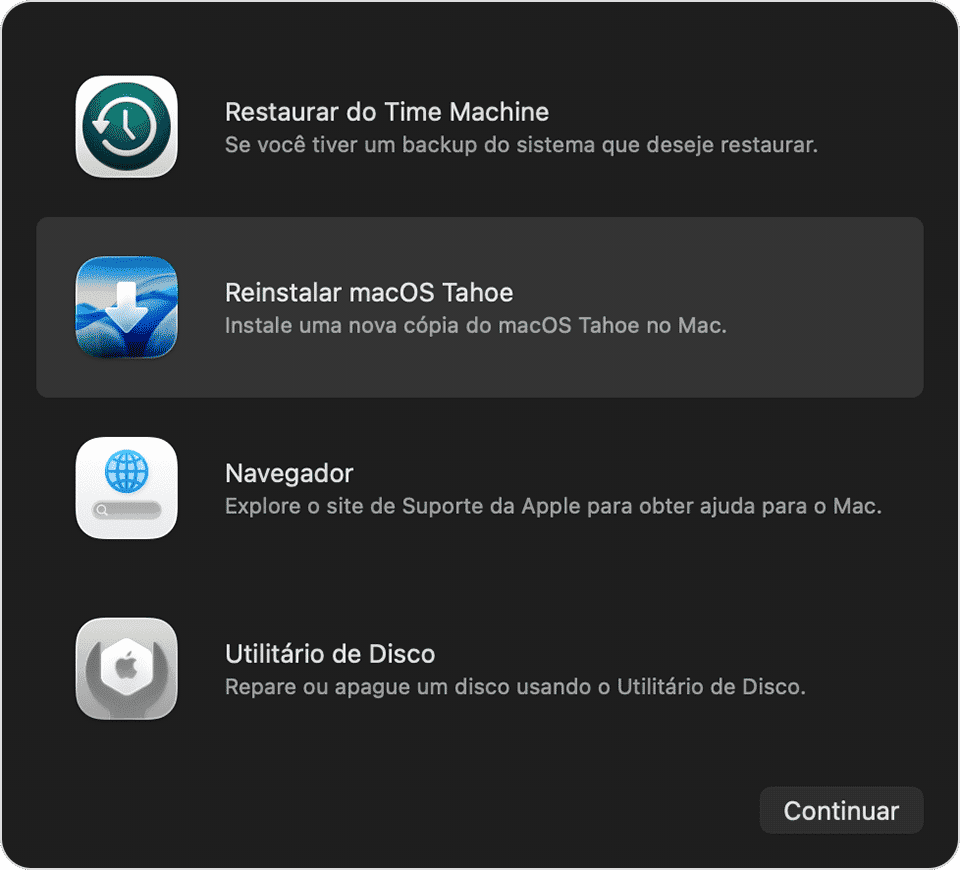 Reinicie no modo de recupera&ccedil;&atilde;o e reinstale o macOS