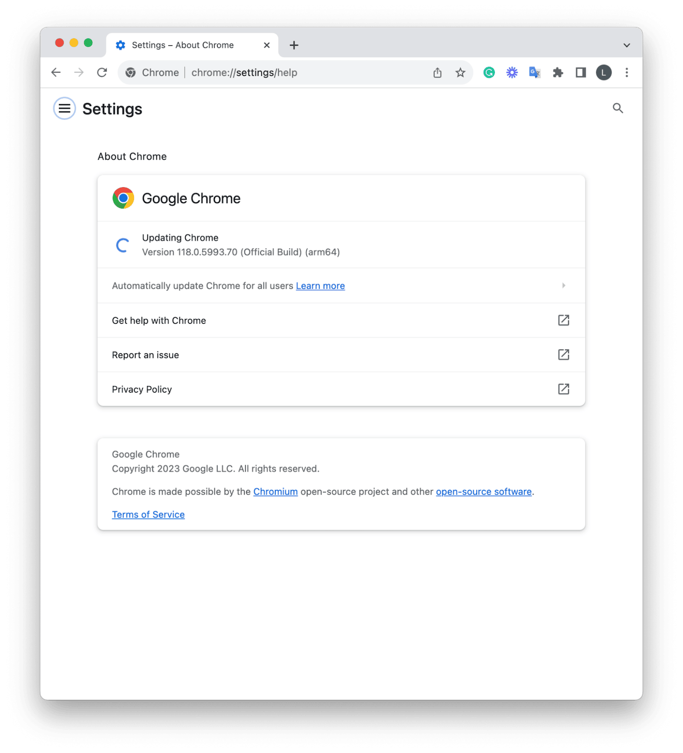 Google Chrome main menu – About Chrome