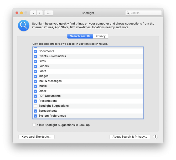 Отключить spotlight mac os