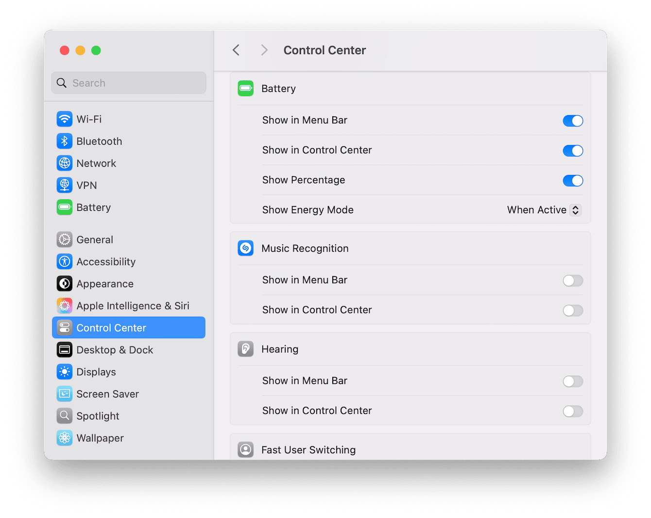 Control Center settings on Mac