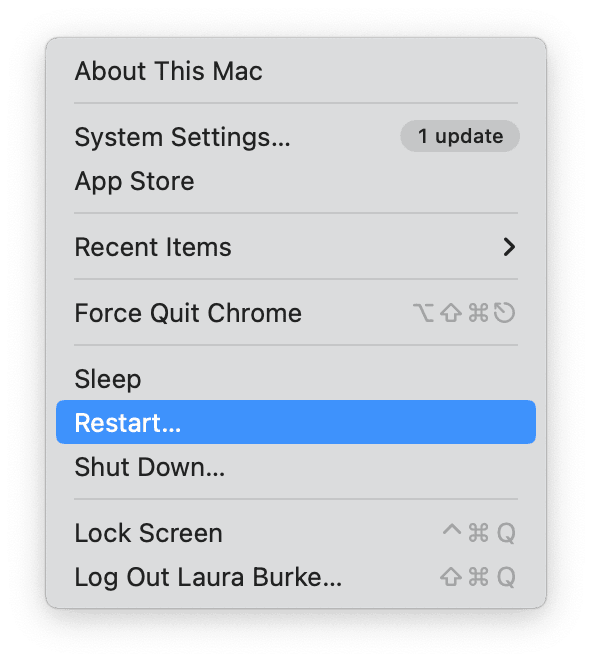 Restarting MacBook from the main Apple menu